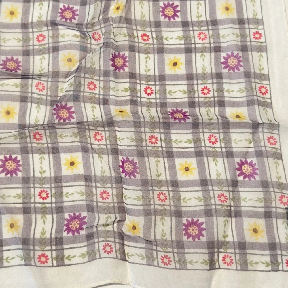 Cejon Silk Scarf Square Plaid Floral Purple Yellow Vtg Y2K 90s Printed‎ in Korea